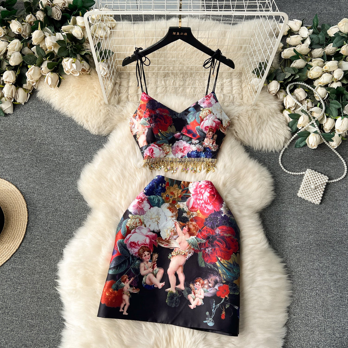 Fringed Camisole&Skirt Floral 2Pcs