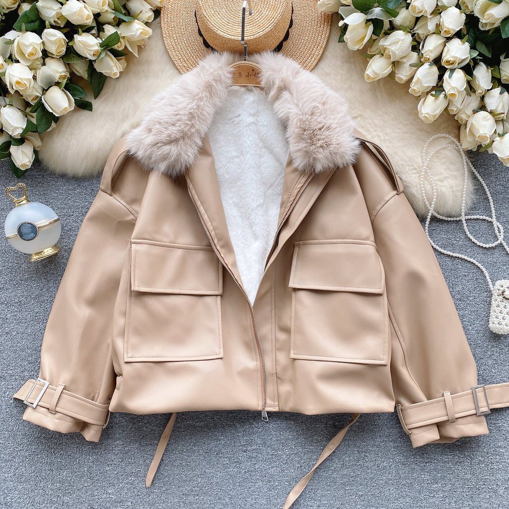 Vintage Furry Collar Short PU Jacket