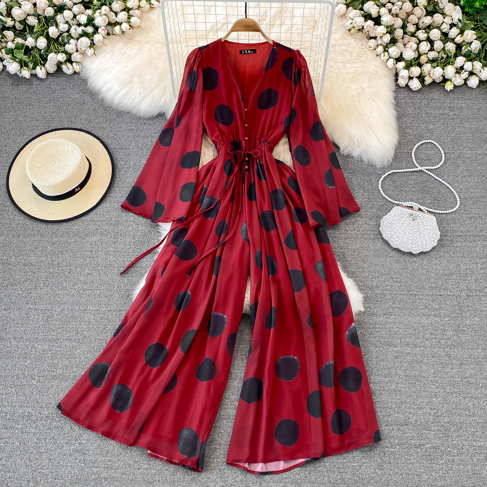 Flared Sleeve Polka Dot Print V-Neck Jumpsuit