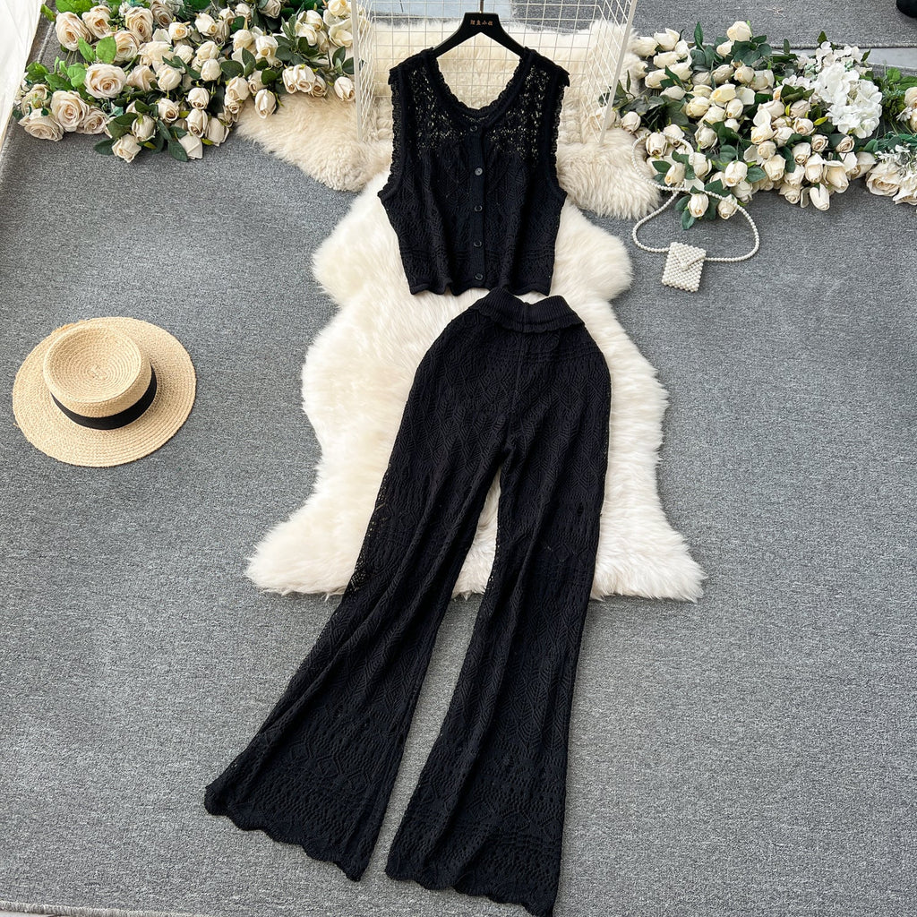 Crochet Sleeveless Cardigan&Trousers Knitted 2Pcs