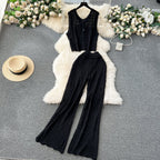 Crochet Sleeveless Cardigan&Trousers Knitted 2Pcs