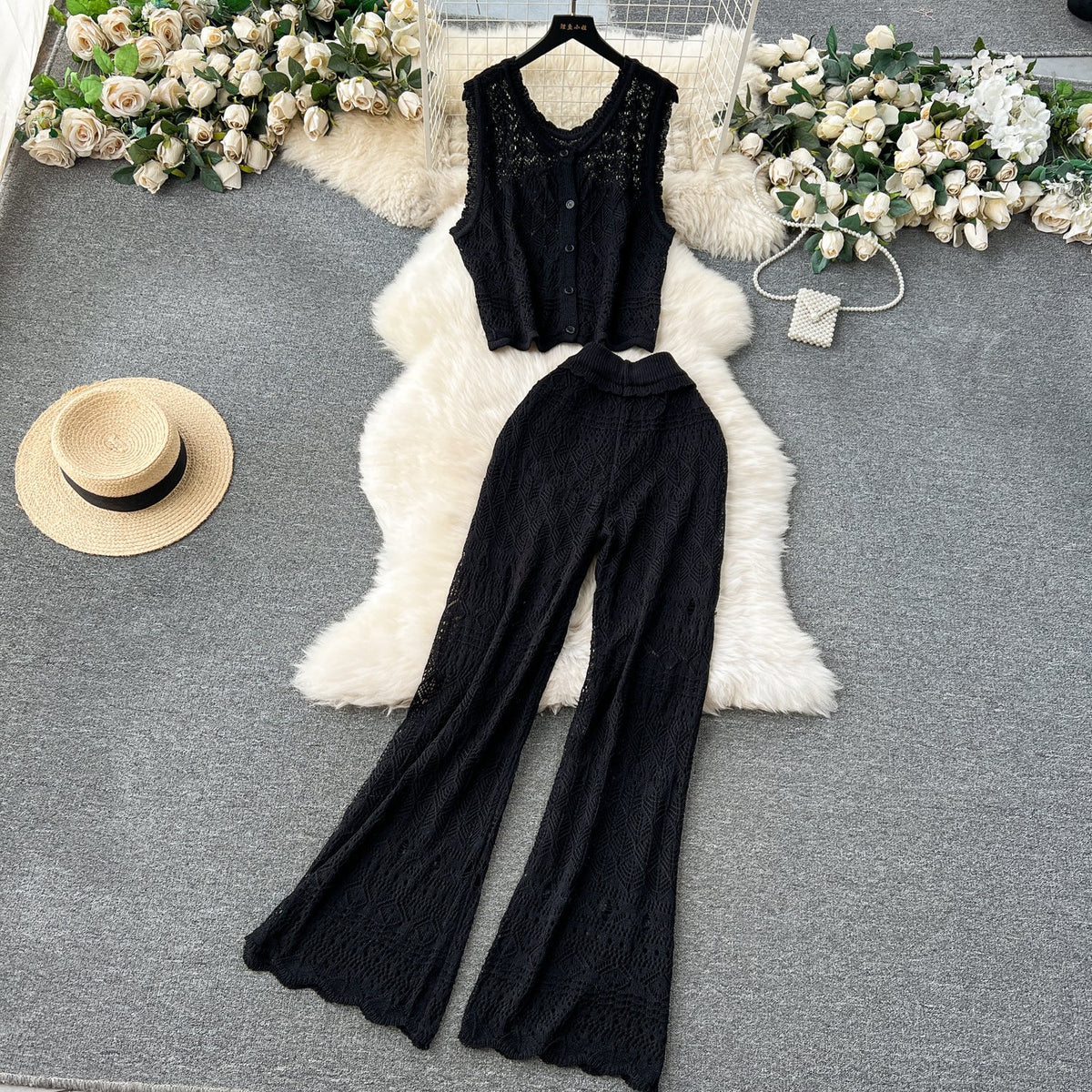 Crochet Sleeveless Cardigan&Trousers Knitted 2Pcs