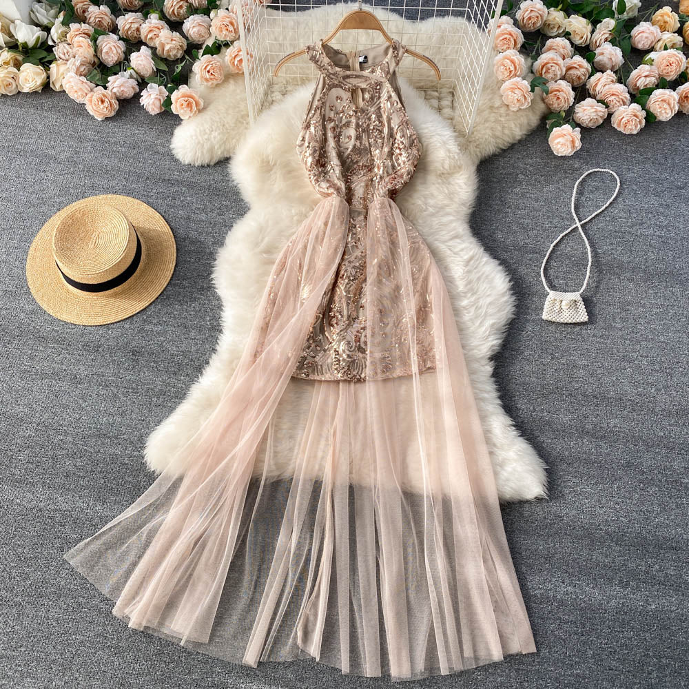 Off-the-shoulder Sequined Mesh Dress