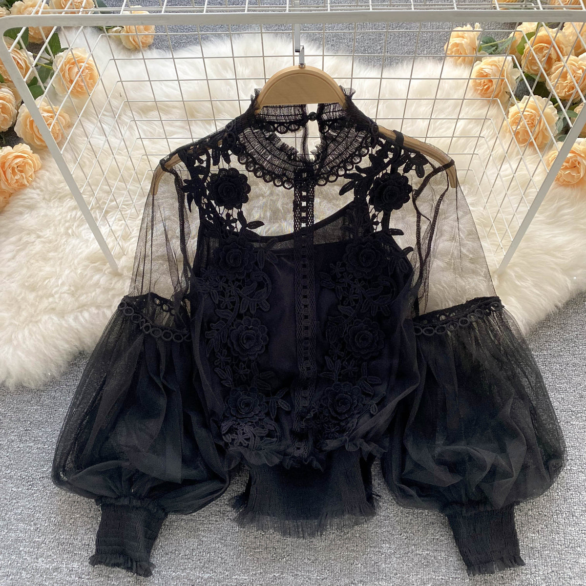 Mesh Lantern Sleeve Lace Embroidered Shirt