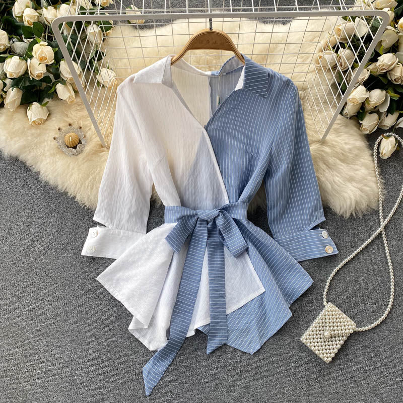 Striped Irregular Lotus Leaf Swing Lace Top
