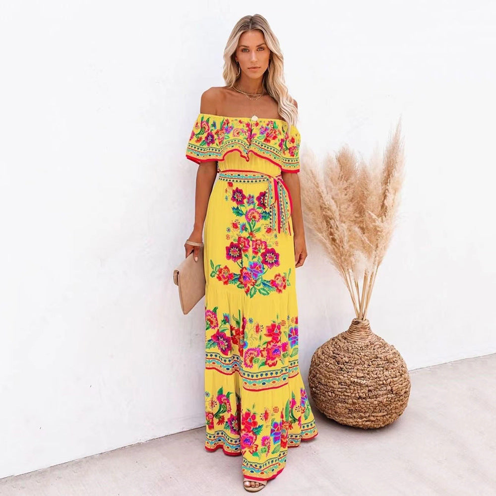 Off-shoulder Lace-up Floral Beach Dress