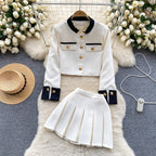 Color Blocking Cardigan&Pleated Skirt 2Pcs