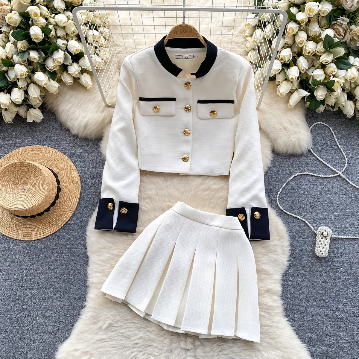 Color Blocking Cardigan&Pleated Skirt 2Pcs
