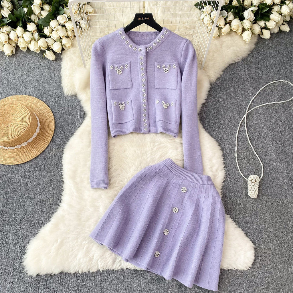 Tweed Cardigan&Pleated Skirt Knitted 2Pcs