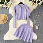 Tweed Cardigan&Pleated Skirt Knitted 2Pcs