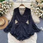 V-neck Lace-up Polka Dot Rompers