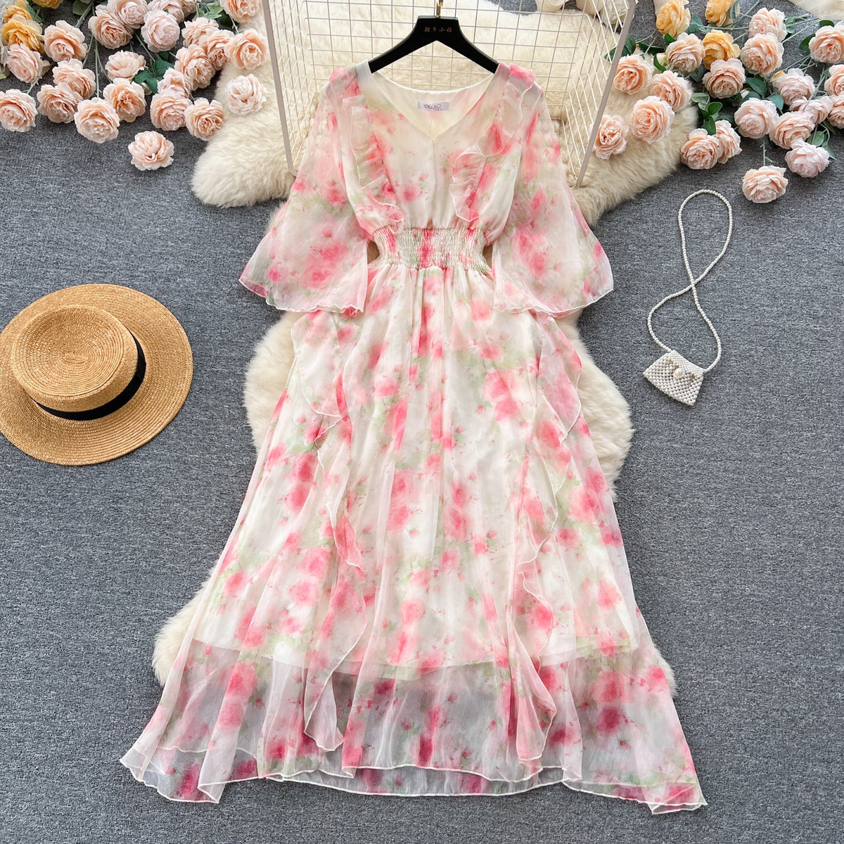 Sweet Ruffled Floral Chiffon Dress
