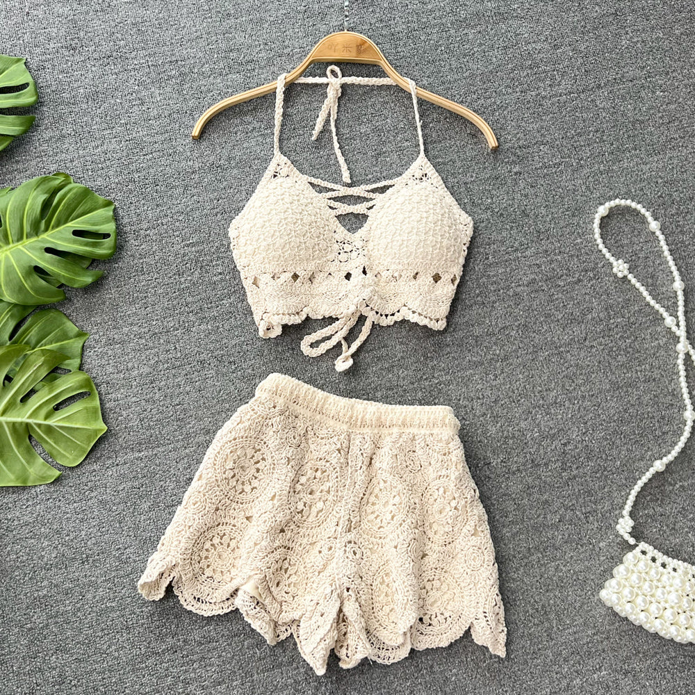 Knitted Halter Top& Wide-leg Shorts 2Pcs