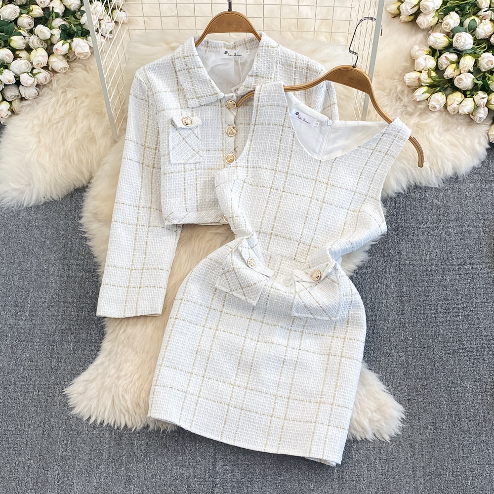 Tweed Plaid Blazer&Skirt 2Pcs