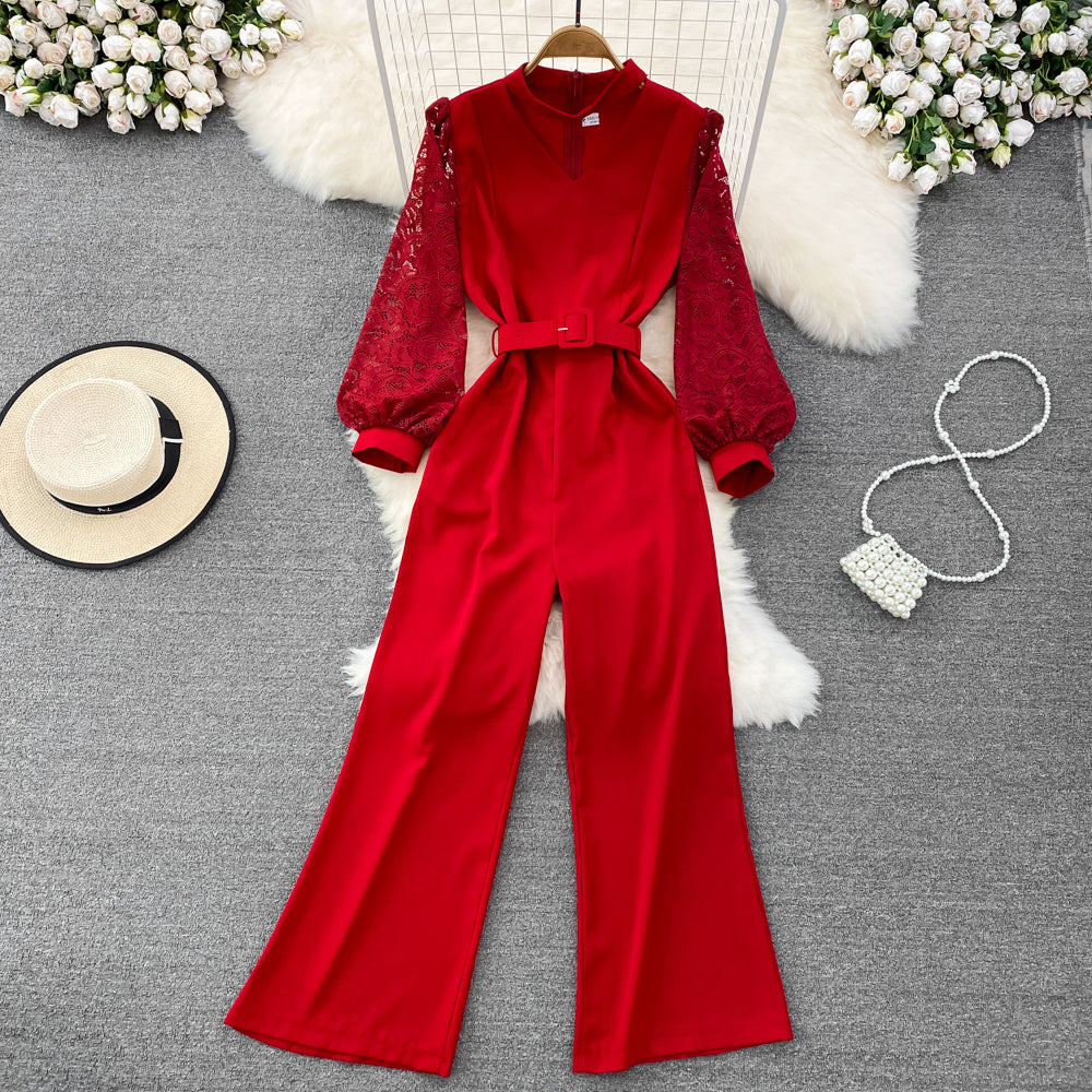 Vintage V-neck Lace Patchwork Jumpsuit
