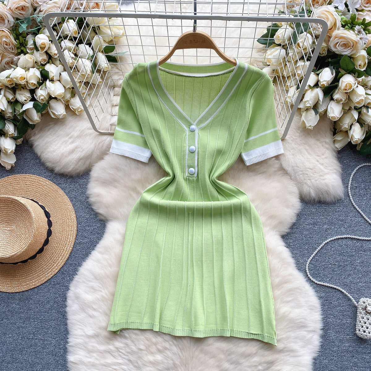 Candy Color V-neck Knitted Dress