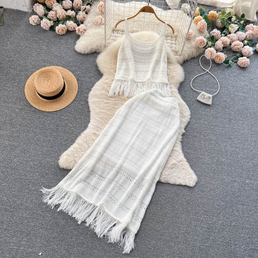 Tassel Camisole&Hip-wrapping Skirt 2Pcs