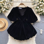 Vintage V-neck Puffy Suede Dress