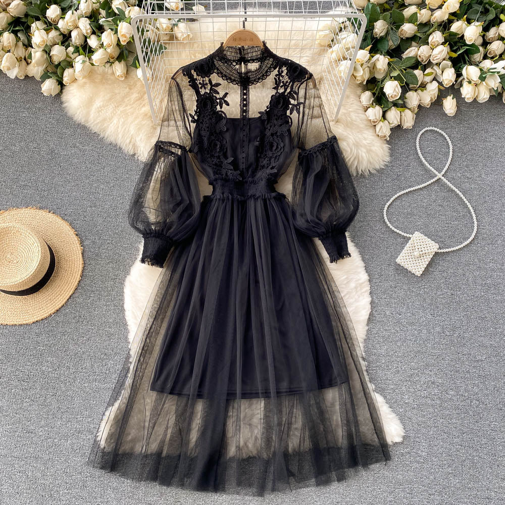 Embroidered Mesh Sleeve Sling Two-Piece Dress