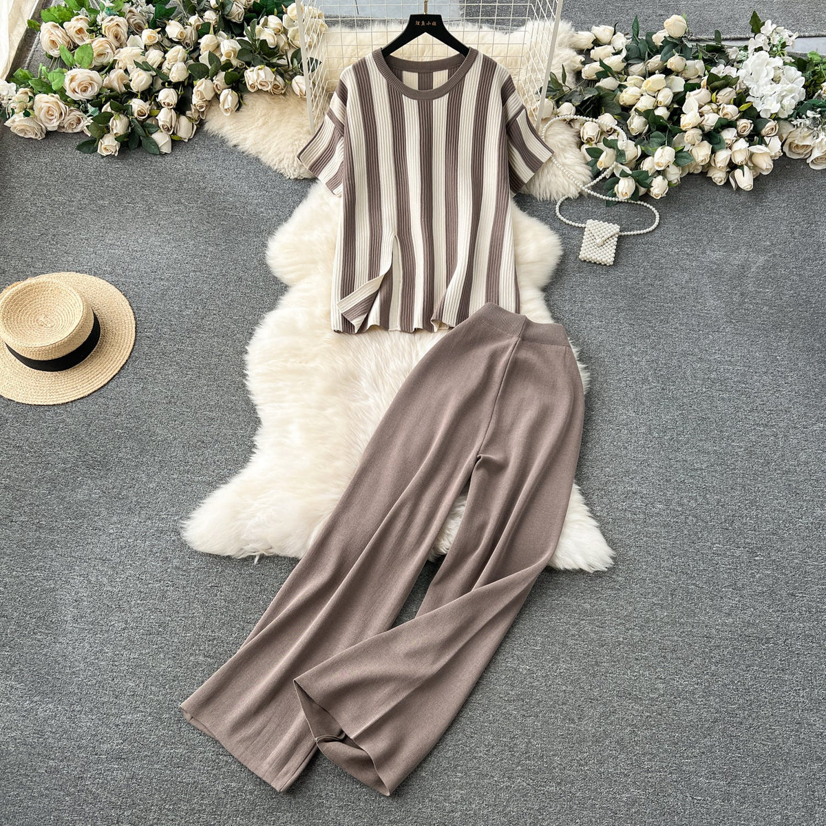 Striped Sweater&Wide-leg Trousers Knitted 2Pcs