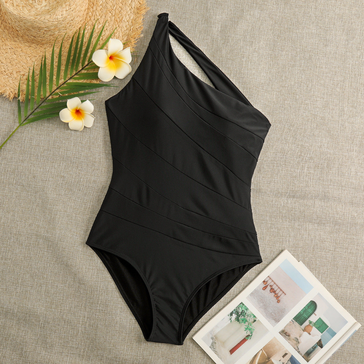 Color Blocking Pleated One-shoulder Onepiece