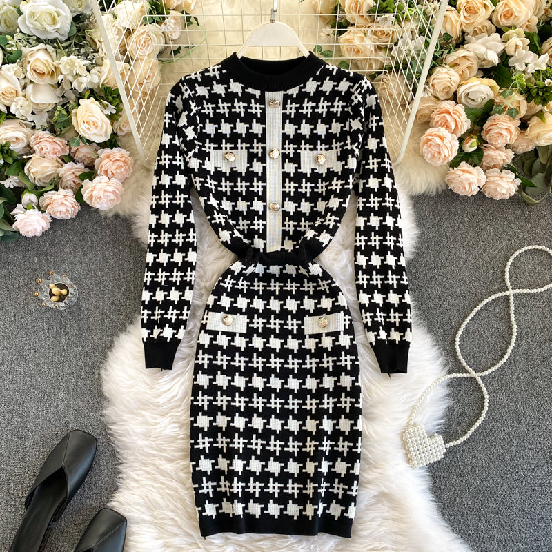 Checked Round Neck Waist Knit Dress