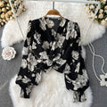 V-neck Flared-sleeve Floral Shirt