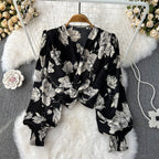 V-neck Flared-sleeve Floral Shirt