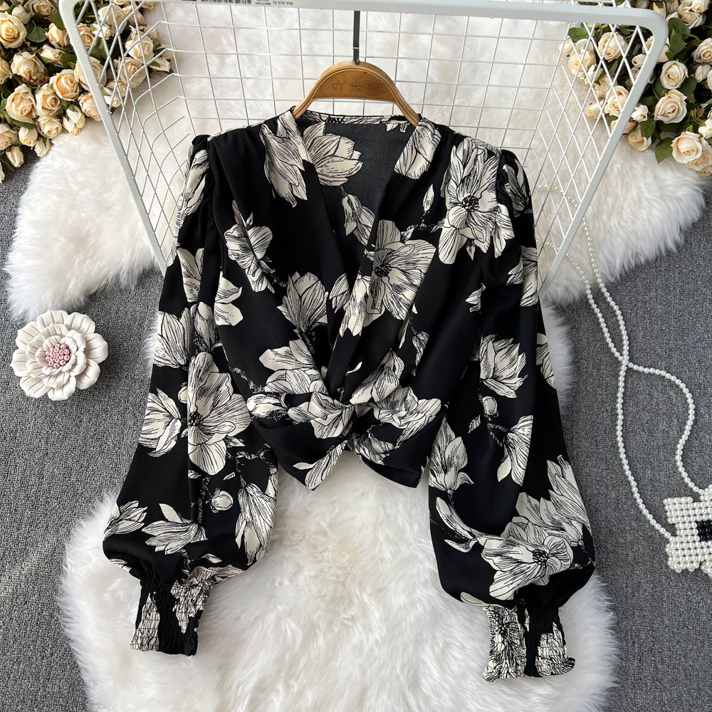 V-neck Flared-sleeve Floral Shirt