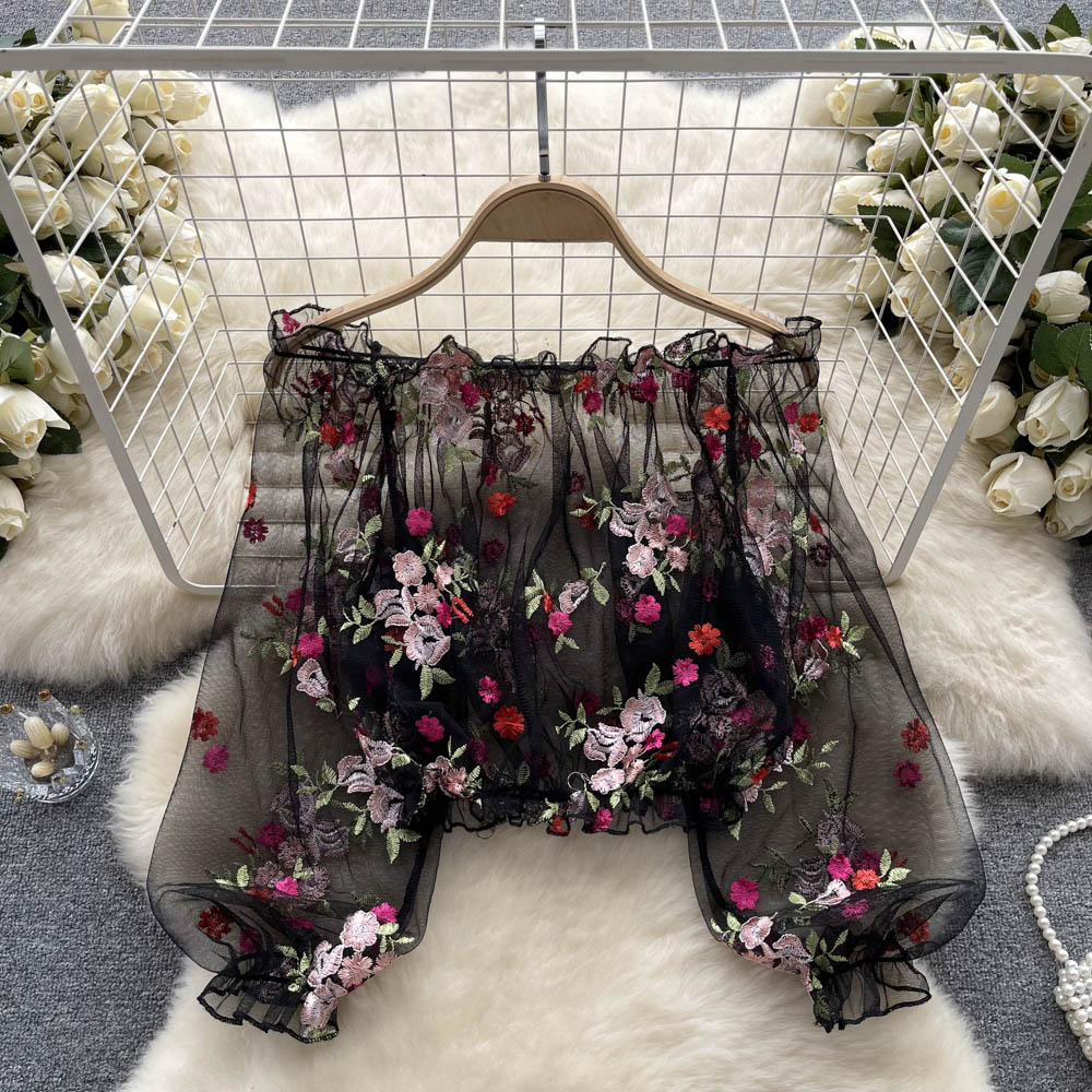 Off-shoulder Floral Embroidery Lace Top