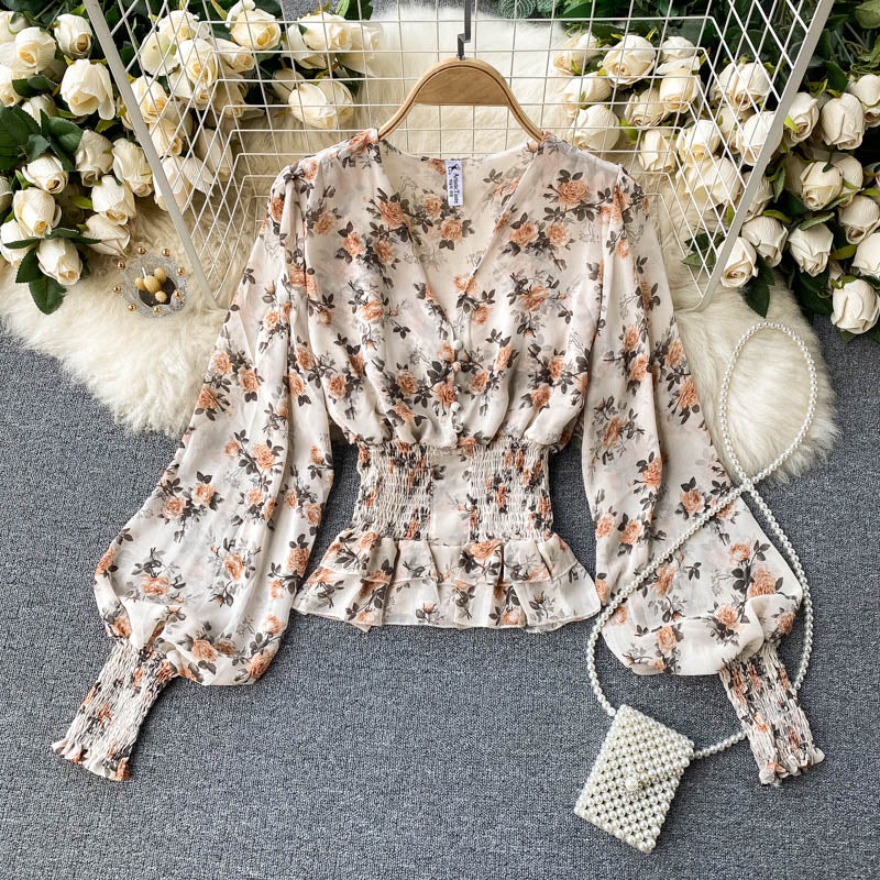 Chiffon Ruffle Trim V-neck Floral Top