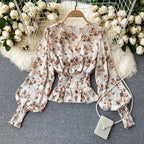 Chiffon Ruffle Trim V-neck Floral Top