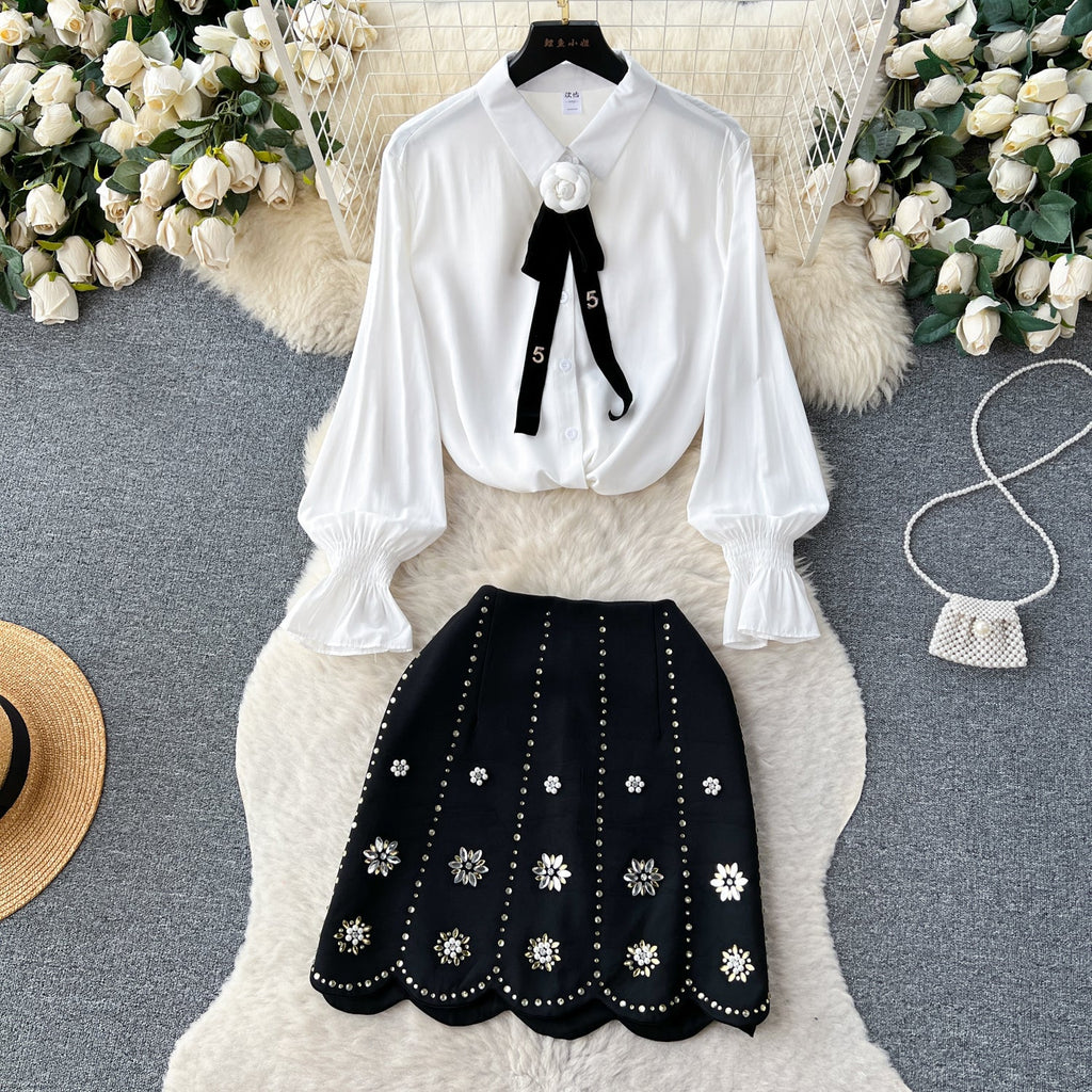 Bow-tie Shirt&Beaded Skirt 2Pcs