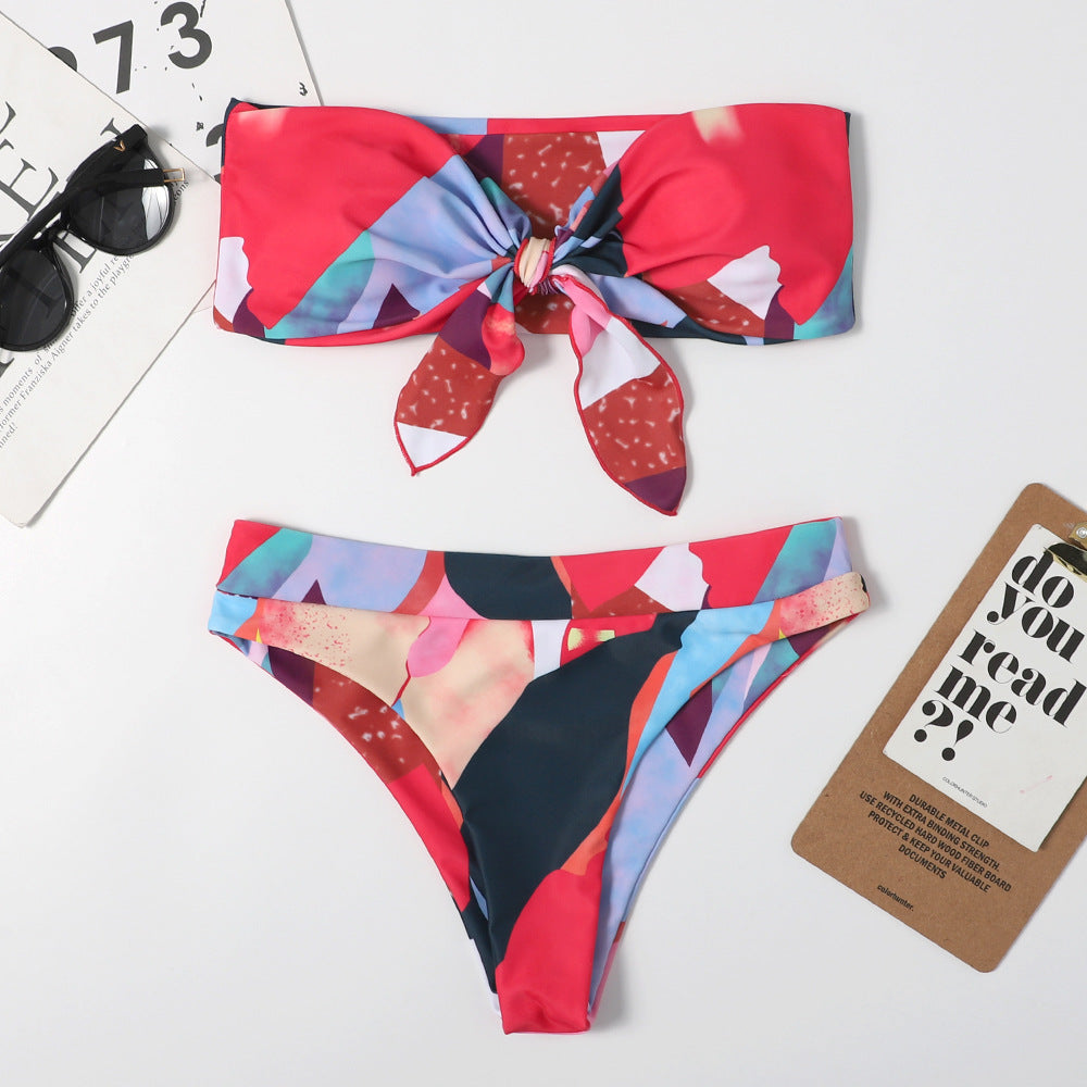 Knotted Flower-printed Strapless Bikini