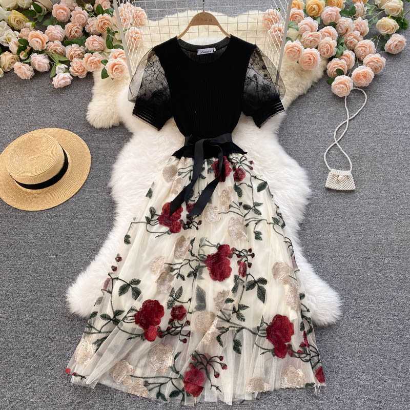 Embroidered Mesh Stitching Knitted Dress