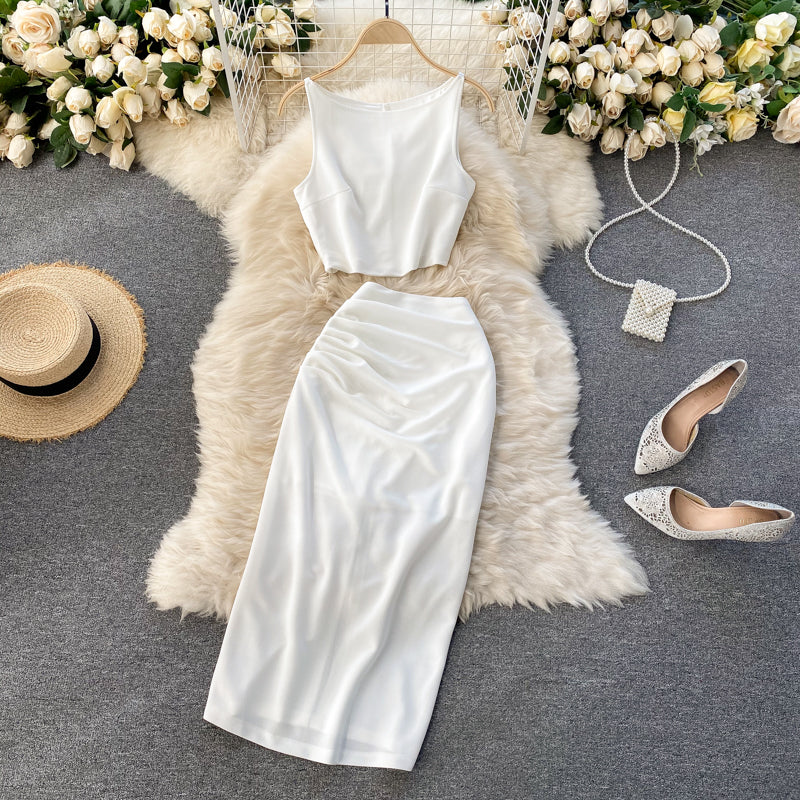 Solid Color Vest&Hip-wrapping Skirt 2Pcs