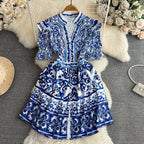 Ethnic V-neck Celadon Printed Shirt Dress