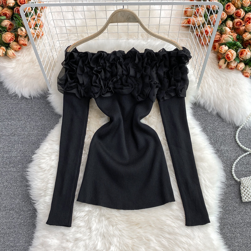 Three-dimensional Floral Off-shoulder Sweater