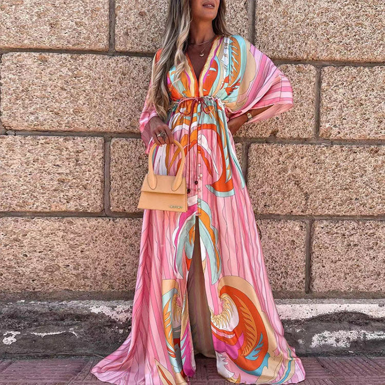 V-neck Printed Lace-up Beach Dress