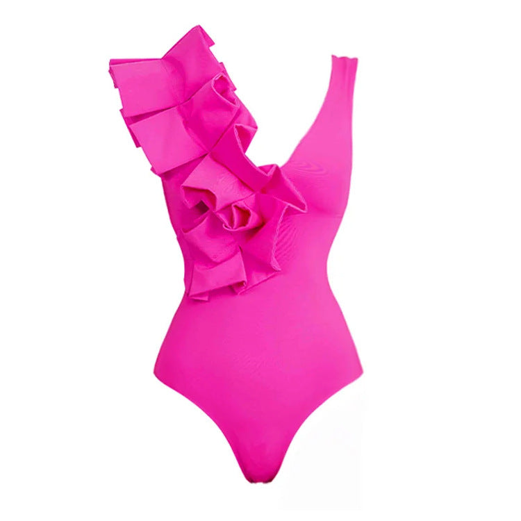 Rose Red Ruffled Swimsuit&Knotted Skirt