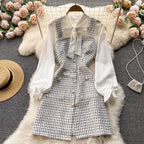 Bow-tie Tweed White Shirt&Plaid Dress