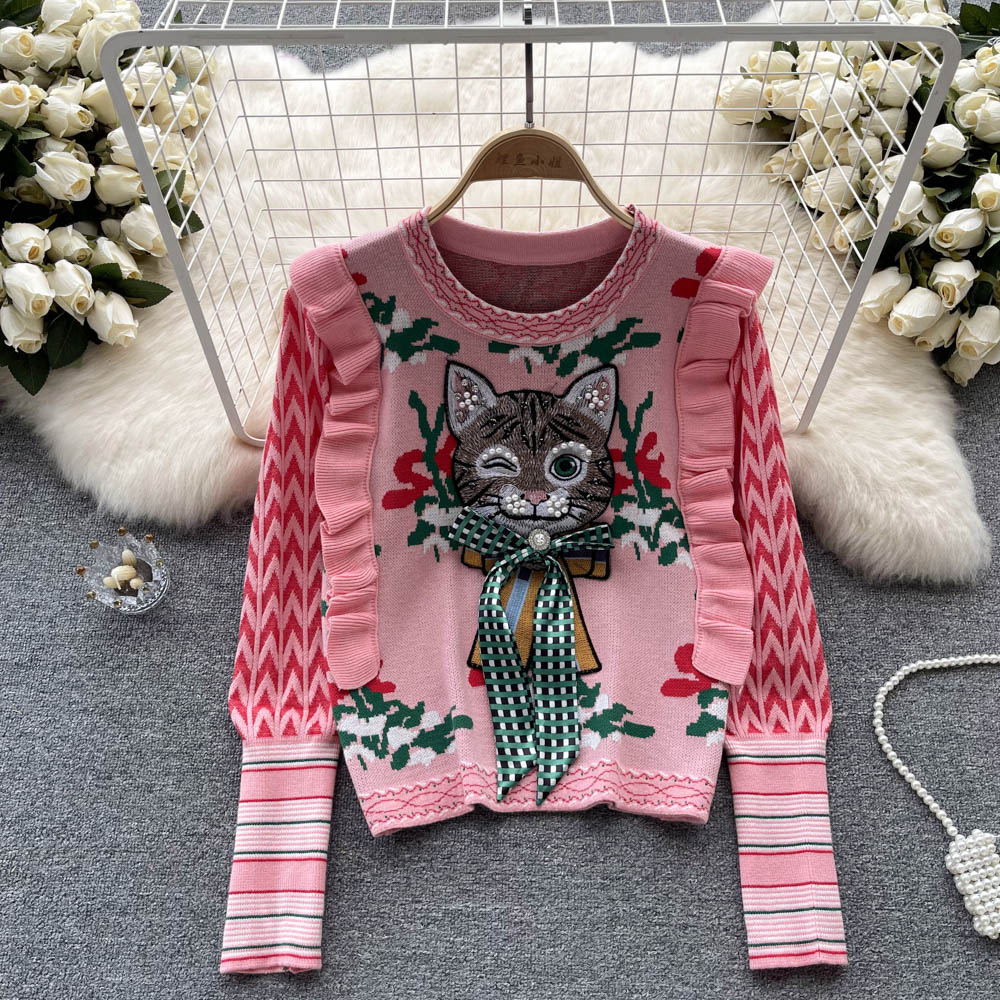Vintage Ruffled 3d Kitty Pattern Sweater