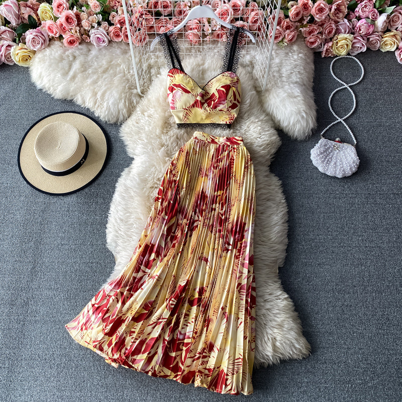 Camisole&Pleated Half-body Skirt 2Pcs