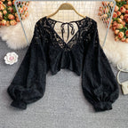 V-neck Open-back Cutout Crochet Lace Shirt