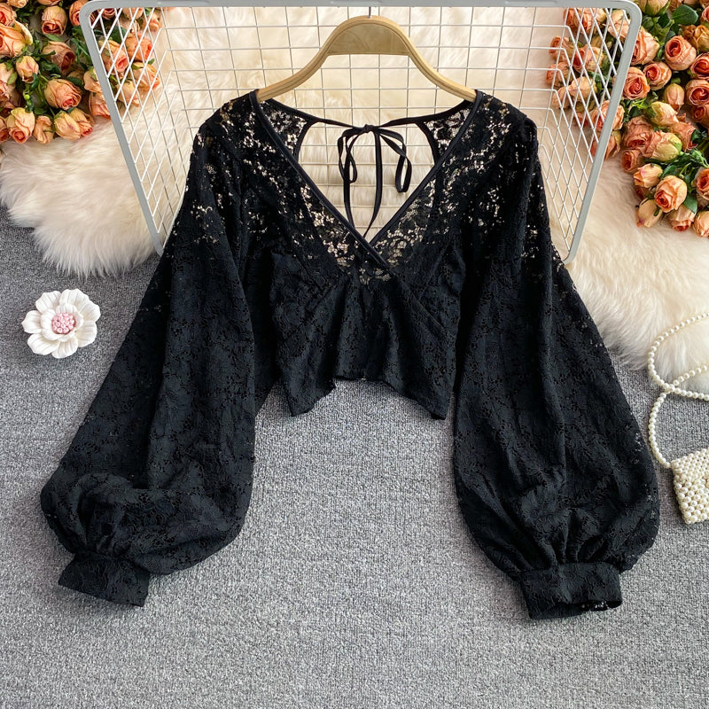 V-neck Open-back Cutout Crochet Lace Shirt