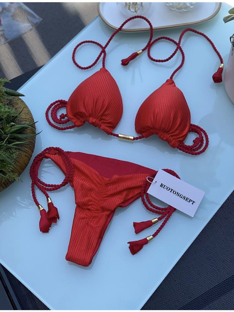 Solid Special Fabric Tassel Bikini