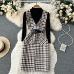 Bottom Sweater&Houndstooth Strappy Dress 2Pcs