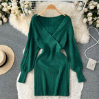 Vintage V-neck Waist-slimming Knitted Dress