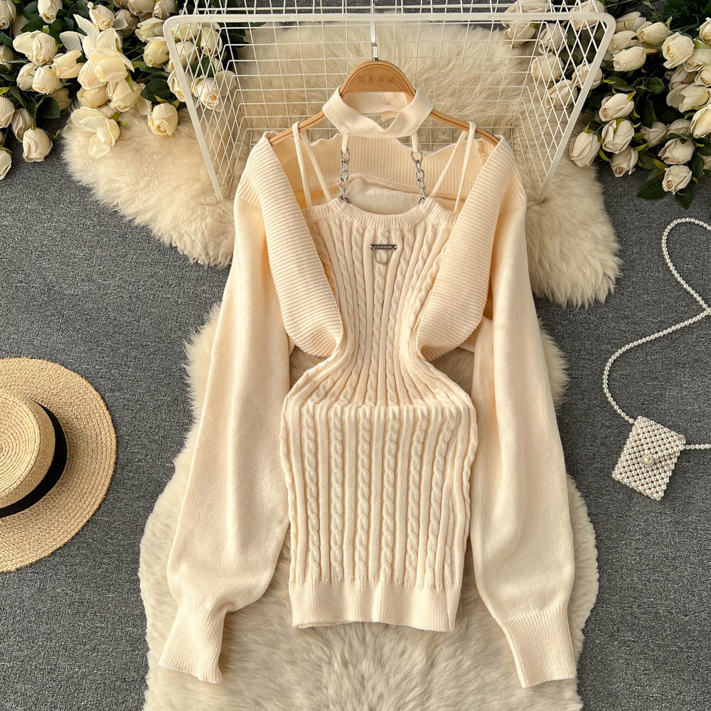 Knitted Cardigan Shawl&Bodycon Halter Dress