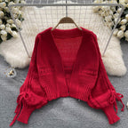 Bow Drawstring Short Knitted Cardigan